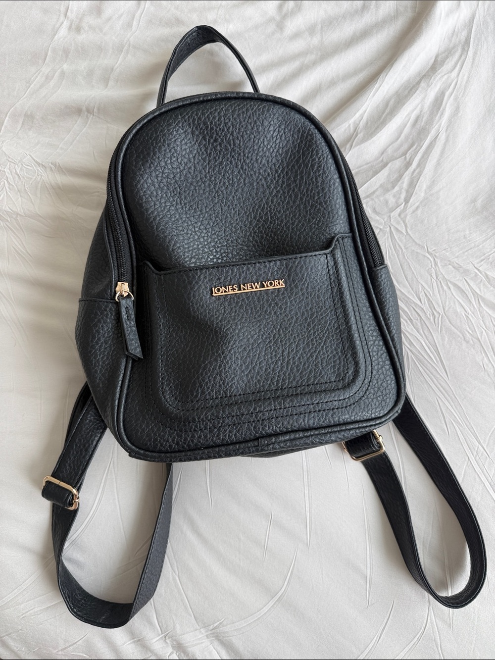 Jones New York Black Pebbled Leather Mini Backpack with Gold Logo